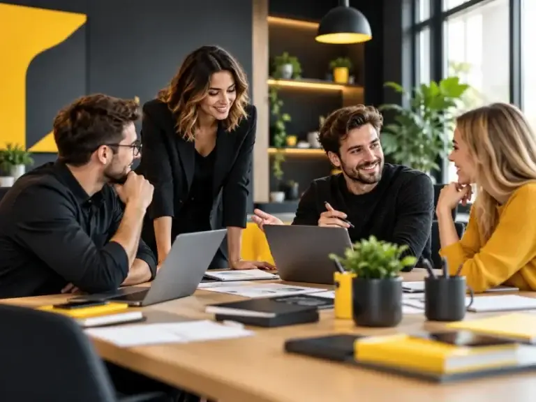 Vier kreative Menschen tauschen sich in einem modernen Büro aus und entwickeln gemeinsam neue Ideen.