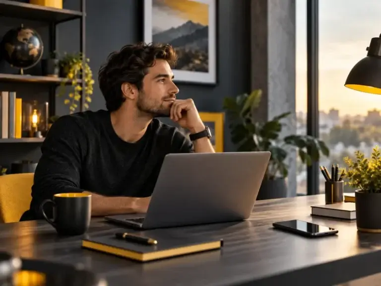Junger Mann sitzt nachdenklich an einem Laptop in einem modernen Arbeitszimmer mit gelben Akzenten.
