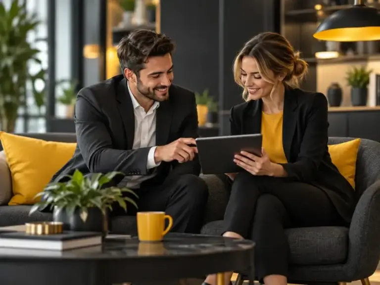 Mann und Frau besprechen gemeinsam Informationen auf einem Tablet in einer modernen Lounge mit dunkelgrauen Möbeln und gelben Akzenten.