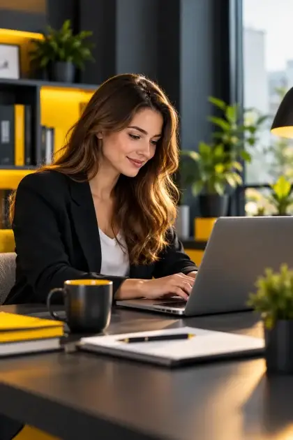 Junge Autorin schreibt konzentriert an einem Laptop in einem modernen Arbeitszimmer mit dunkelgrauer Einrichtung und gelben Akzenten.